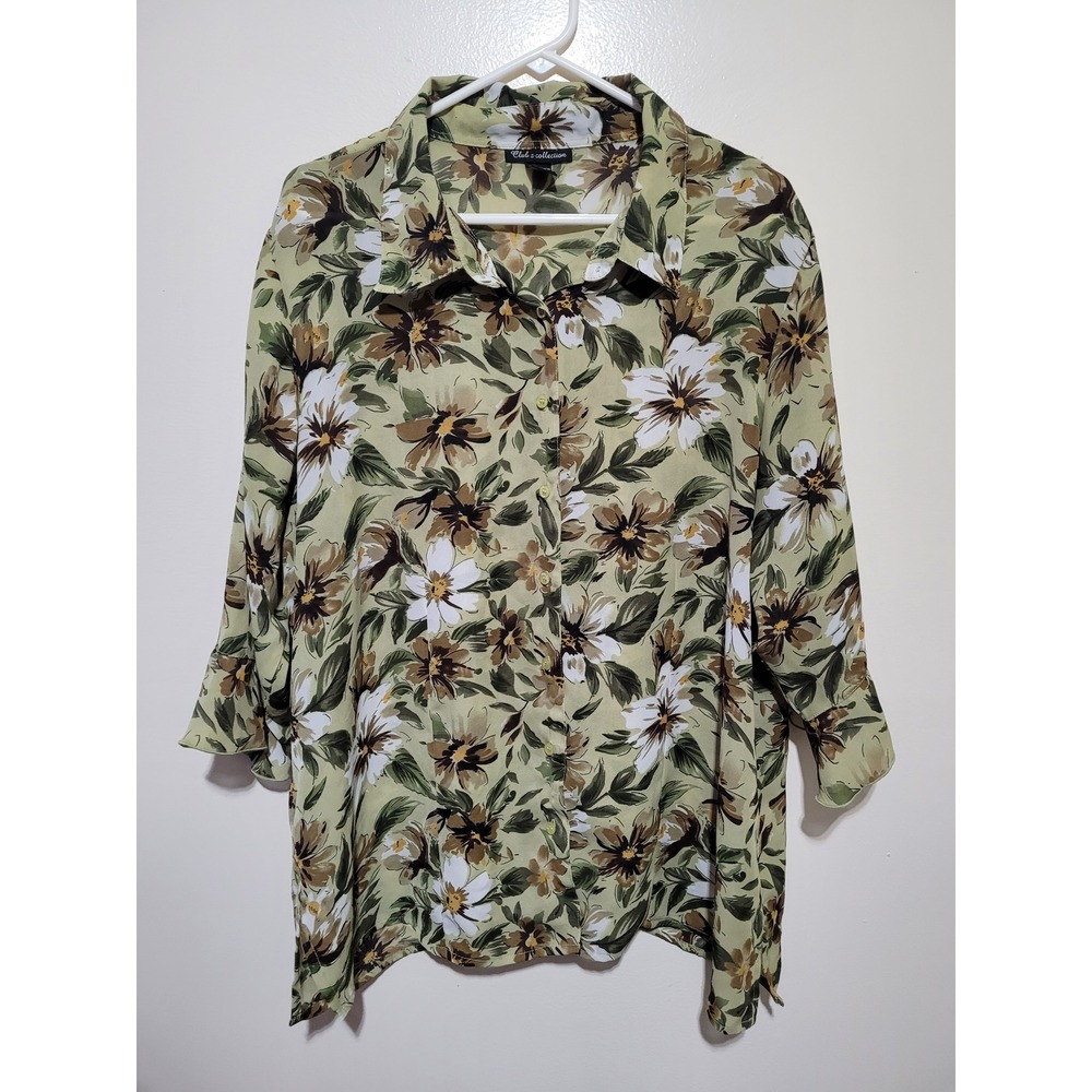 Club Z Collection Blouse Womens 2X Green Floral 3/4 Sleeve‎ Button Up